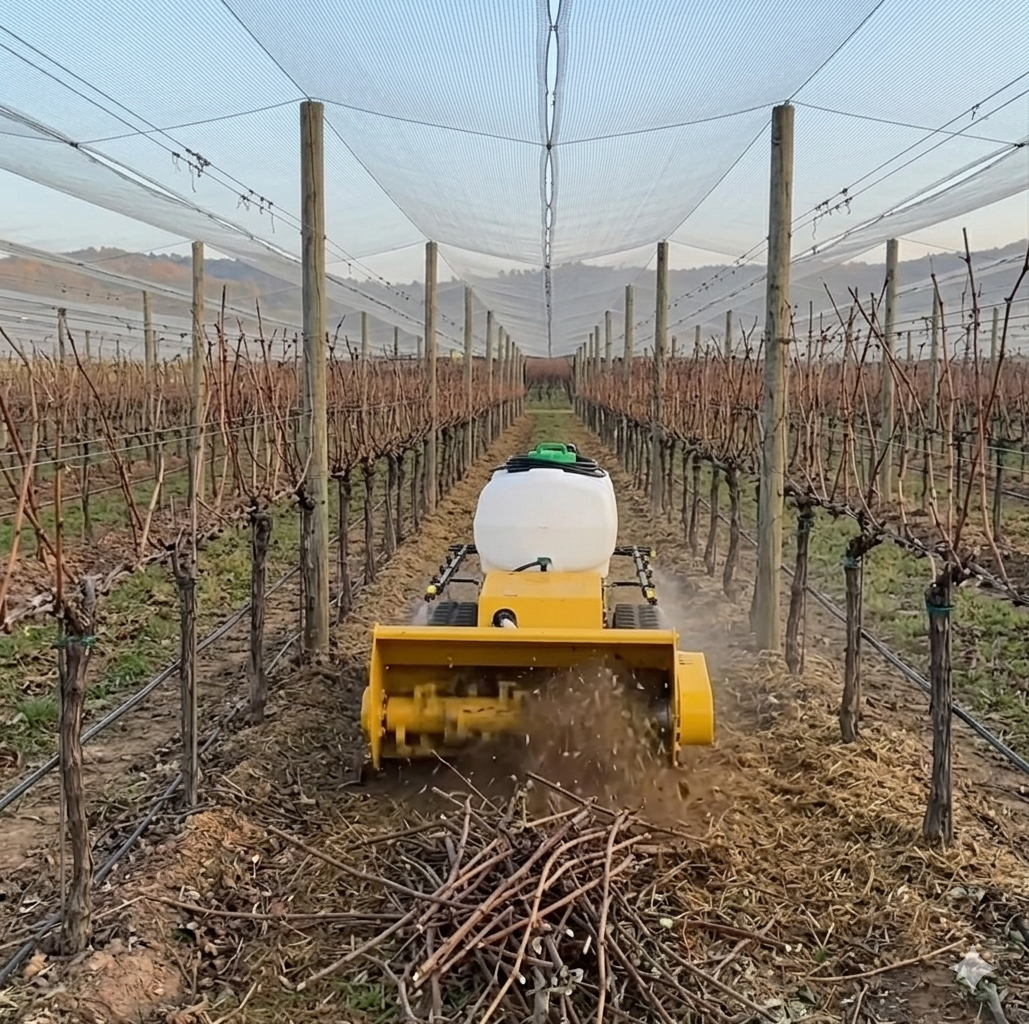 It can be used to clean up the leftovers from pruning in a vineyard under netting.
