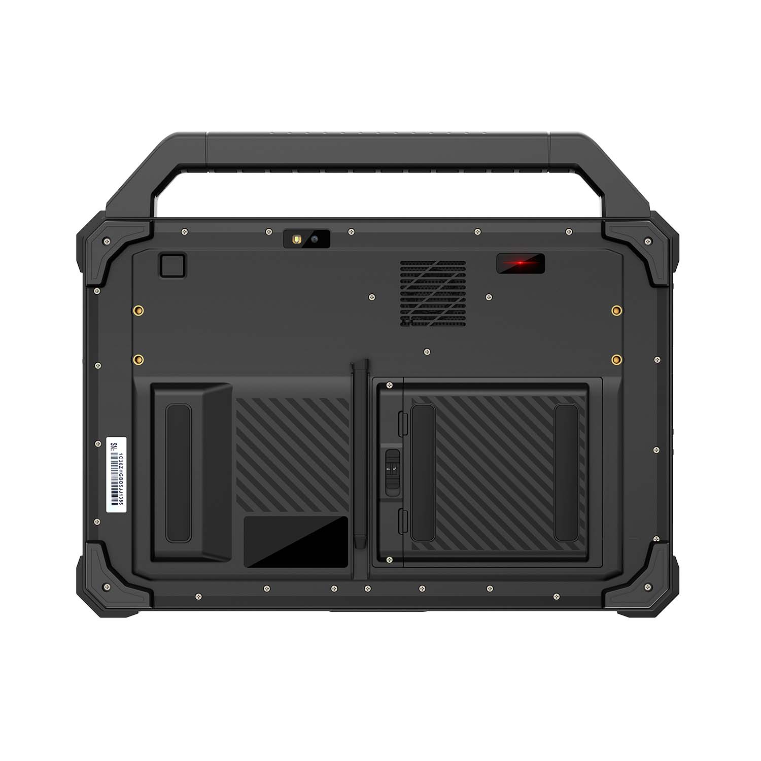 Rear view showing the rugged enclosure, mounting points and removable battery compartment.