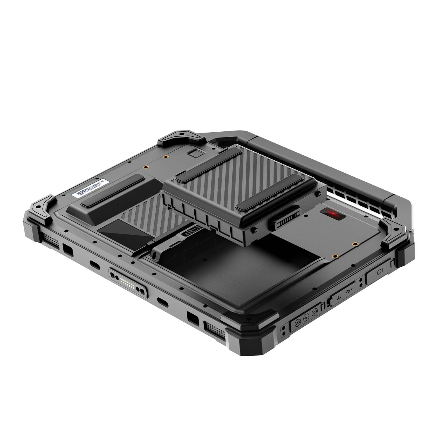 The removable main battery can be hot-swapped while the internal backup battery keeps the tablet running.